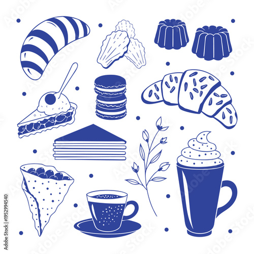 A collection of various sweet and savory baked goods and beverages