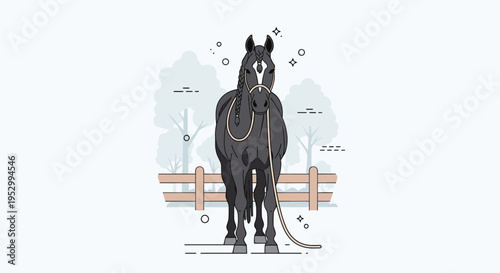 A stylized illustration of a horse standing by a fence, featuring a modern flat design and nature elements