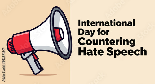A colorful illustration featuring a megaphone promoting the International Day for Countering Hate Speech in a modern flat style