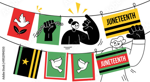A vibrant illustration featuring a celebration of Juneteenth with colorful flags, doves, and raised fists in a modern style