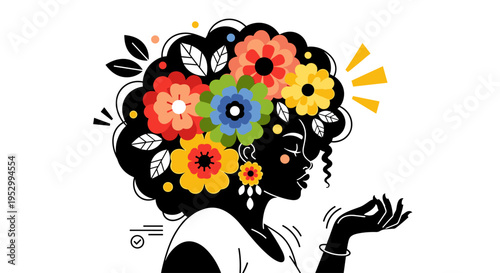 A vibrant illustration of a woman with a floral hairstyle, featuring bold colors and a modern, artistic style