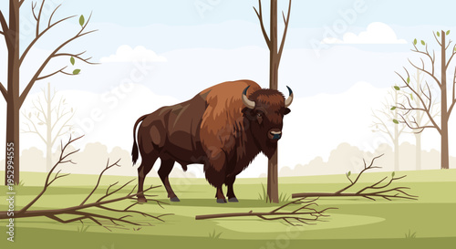 A majestic bison standing in a serene landscape with trees and soft clouds in a flat design style