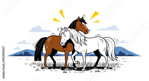 A vibrant illustration of two horses in a scenic landscape, featuring a modern, flat design style