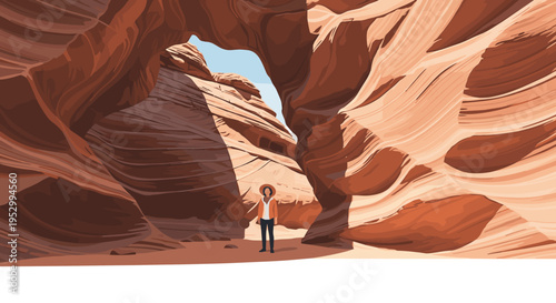 A person standing in a stunning sandstone canyon, showcasing a modern, flat illustration style with vibrant colors