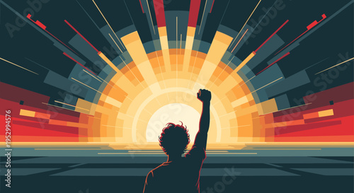 A silhouetted figure raises a fist against a vibrant sunrise, depicted in a modern geometric style