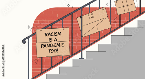 A vibrant illustration depicting a staircase with a message about racism as a pandemic, in a modern flat style