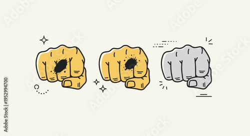 A set of three stylized fists in various colors, featuring a modern, minimalist design with playful accents