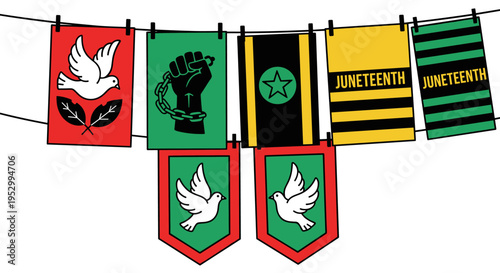 A vibrant collection of Juneteenth celebration banners featuring symbols of freedom and unity in a modern, graphic style