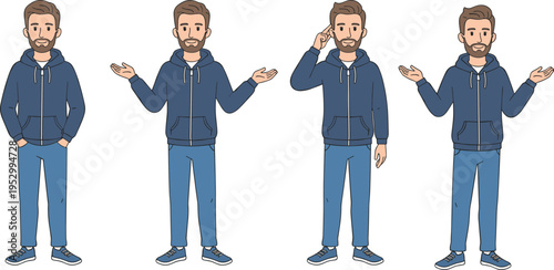 Male character pose sheet featuring a bearded man in blue hoodie and jeans with various hand gestures and standing poses