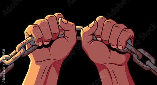 Two hands breaking free from chains, depicted in a modern, bold illustration style, symbolizing liberation and strength