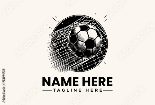 Black and white illustration of a soccer ball flying into a goal net with motion lines, accompanied by placeholder text for a logo or brand name in a modern design style against a plain