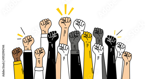 A diverse collection of raised fists in various skin tones, illustrated in a modern flat style, symbolizing unity and strength