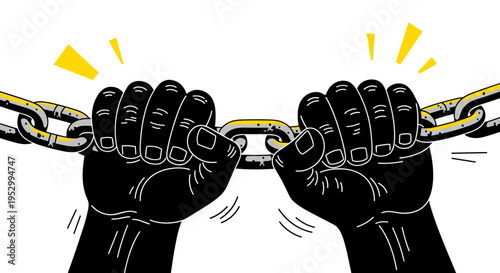 Two hands breaking free from chains, illustrated in a bold, modern style, symbolizing liberation and strength