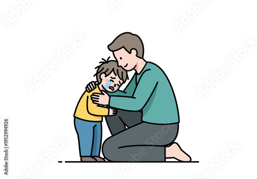 Father Comforting Distressed Son with Big Hug.