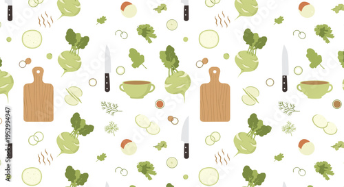 Seamless Pattern with Kohlrabi Vegetables, Kitchen Utensils and Cooking Ingredients on White Background for Organic Food Design, Culinary Wallpaper and Textile Print