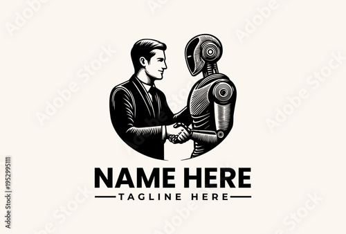Black and white illustration of a man in a suit shaking hands with a robot on a beige background with a logo and tagline text.