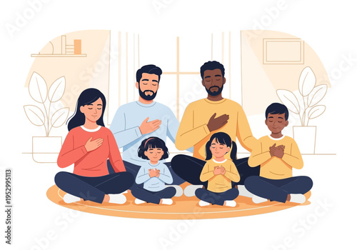 Family Practicing Meditation Together Sitting.