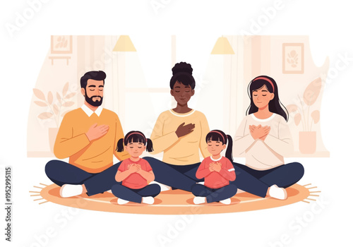 Family Meditation Together on Rug at Home.