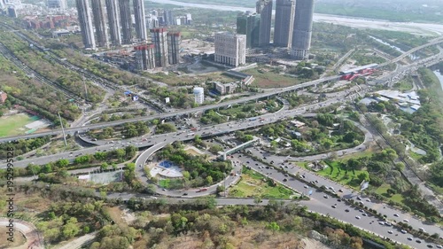 Aerial view of Noida Agra Highway round circle flyover at Okhla bird sanctuary in Noida, Uttar Pradesh