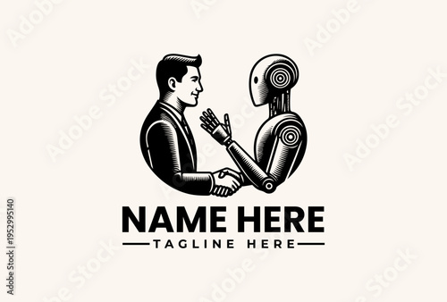 Black and white vector illustration of a man shaking hands with a robot, with placeholder text for a logo and tagline on a clean background.