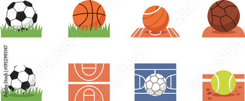 Sports Ball Icons on Different Fields with Soccer, Basketball, Tennis and Football Illustration for Game Design, Athletic Equipment Collection and Outdoor Activity Concept
