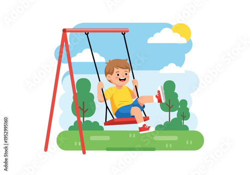 Happy Boy Swinging on Red Swing.