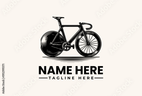 A sleek black bicycle illustration with a placeholder name and tagline on a clean white background, featuring a minimalist logo design.