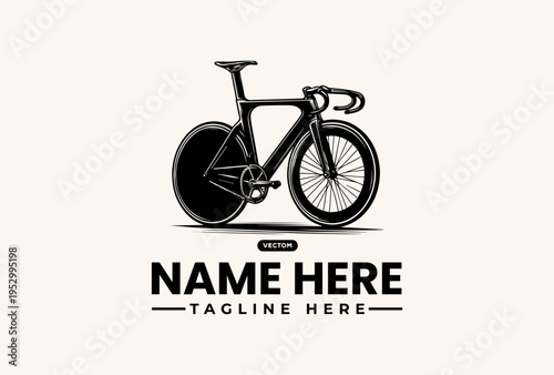 A black bicycle vector illustration with a placeholder name and tagline on a beige background, featuring a minimalist logo design.