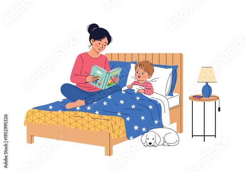 Mother Reading to Child in Bed Together.