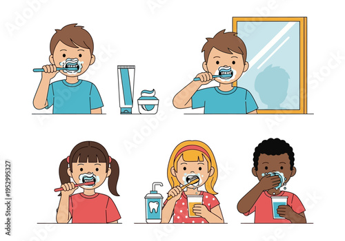 Children Brushing Teeth with Toothbrushes.