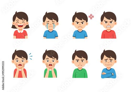 Cartoon Boy Showing Various Facial Expressions.
