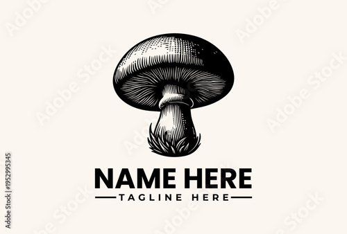 A black and white illustration of a mushroom logo with a placeholder name and tagline on a plain background, featuring a vector graphic design with iconic elements.