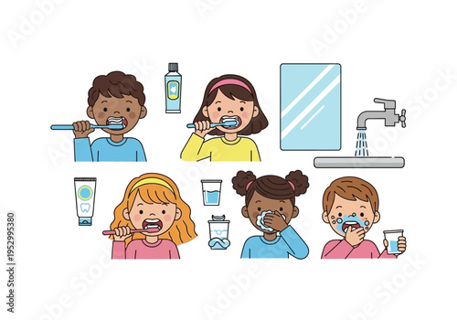 Children Brushing Teeth with Toothbrushes and Toothpaste.