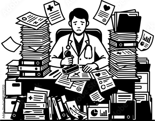 Young man doctor overwhelmed with paperwork and documents at a messy office desk, representing stress and overwork. Vector illustration