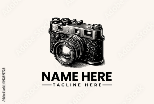 A grayscale illustration of a vintage camera with a placeholder name and tagline on a clean white background, showcasing a logo design concept with a classic and timeless feel.