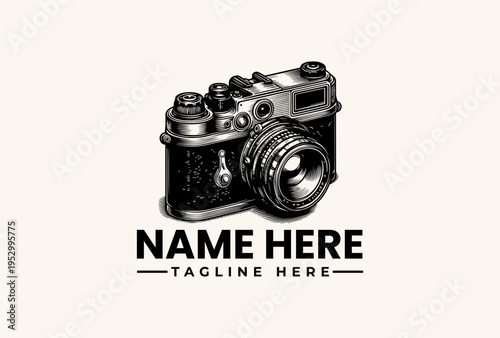 Black and white illustration of a vintage camera with placeholder text for a logo or brand name on a clean background.