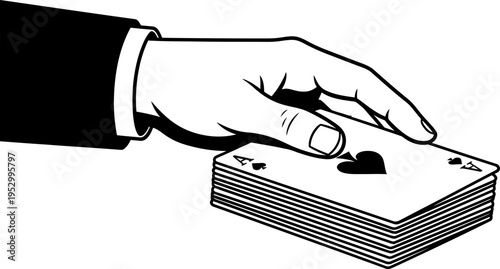 Man hand dealing playing card with ace of spade on top. Gambling game or casino concept. Black and white vector illustration for business