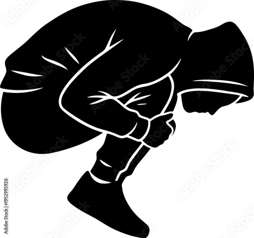 Man curled up in fetal position with hooded sweatshirt silhouette. Depression, despair, loneliness concept. Vector illustration for mental health