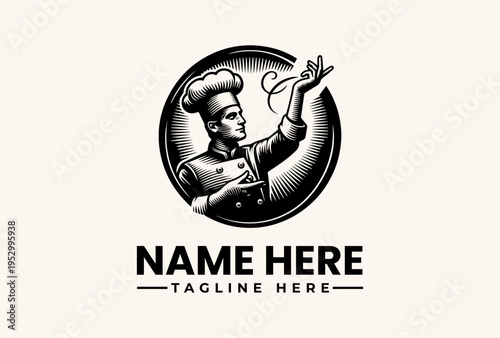 Black and white illustration of a chef holding kitchen utensils in a circular logo with a placeholder name and tagline on a beige background.