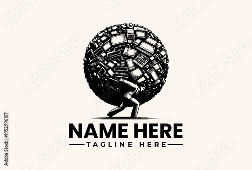 Black and white illustration of a muscular figure pushing a globe with geometric patterns, accompanied by placeholder text for a name and tagline against a beige background.