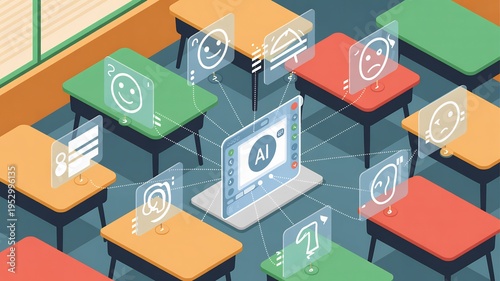 AI Technology in Classroom with Colorful Desks and Interactive Icons
