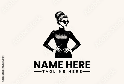A black and white illustration of a confident woman with her hands on her hips, standing against a plain background with a logo template and placeholder text for a name and tagline.