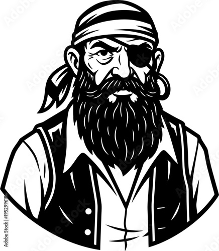 Old bearded man pirate with an eye patch in a bandana illustration for a mascot logo or emblem concept. Vector art graphic