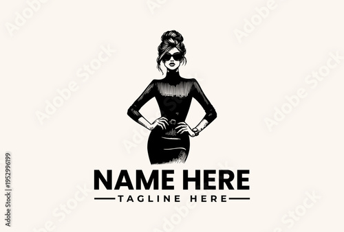 A vector illustration of a woman in a black dress with a logo and text placeholder on a beige background, featuring a pictogram logo and icon design elements.
