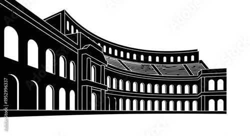 Stylized black and white illustration of a grand ancient Roman amphitheater with multiple arched levels, depicting historical architecture.