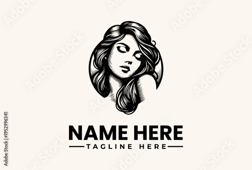 A black and white illustration of a woman's head with long hair, accompanied by placeholder text for a logo or brand name on a plain background, in a simple, iconic style.