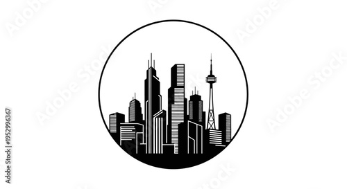 Black and white silhouette of a modern city skyline with skyscrapers and a communication tower inside a circular frame, graphic design.
