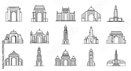 A collection of black and white line art icons depicting various famous architectural landmarks, including arches, domes, and towers, showcasing diverse global structures.