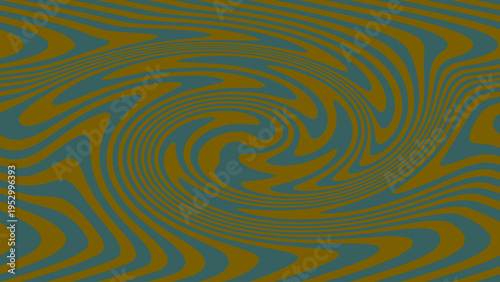 Abstract optical illusion background with dark teal mustard yellow swirling wavy lines, dynamic vortex motion, and vibrant geometric decorative layout