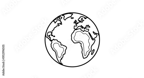 Simple black and white outline drawing of the Earth globe showing continents, representing global concepts and world travel.